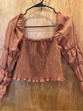 Smocked Square Neck Long Sleeve Top in Rust